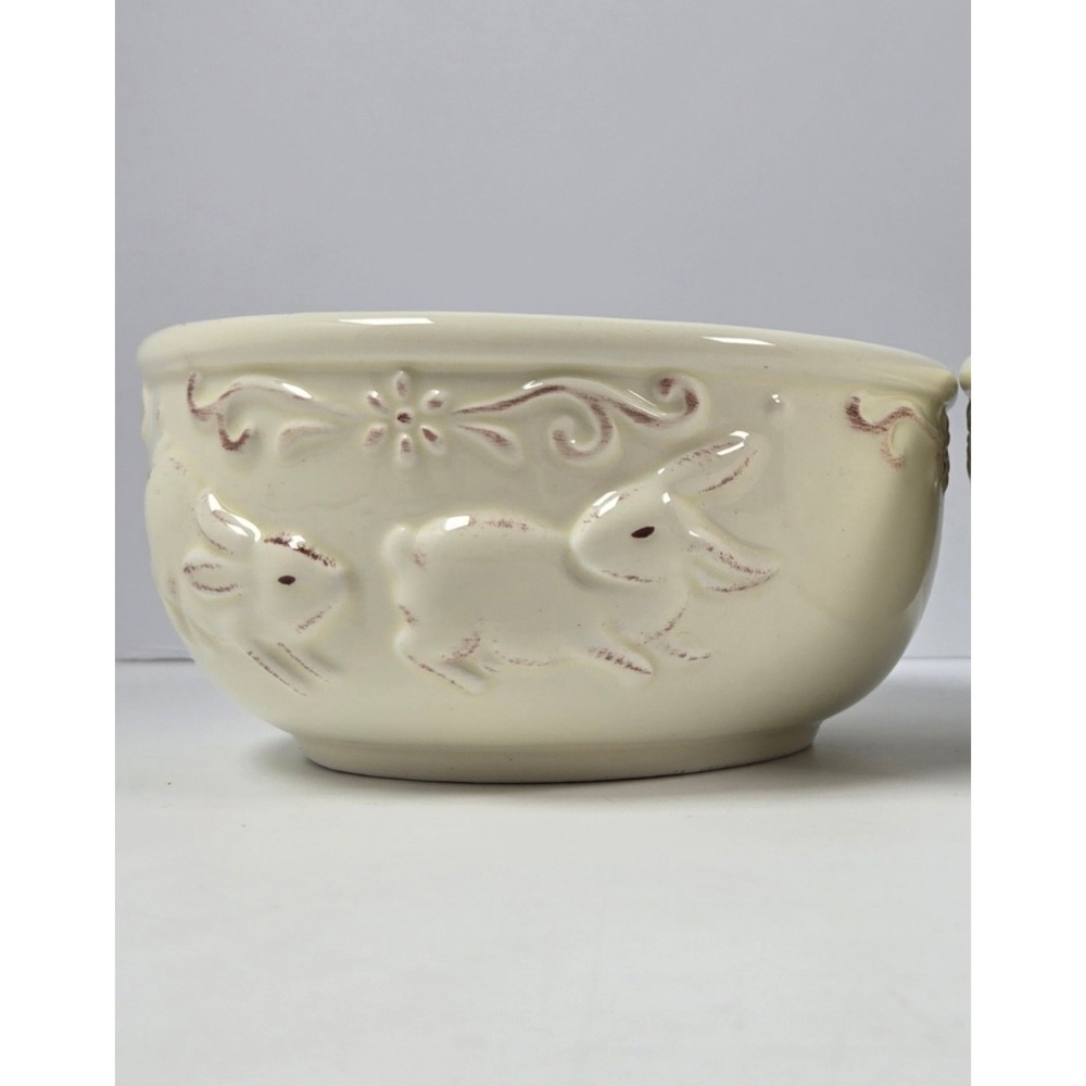 Ceramic Bunny Bowl Cream Embossed Rabbit Farmhouse Decor Rustic Cottagecore